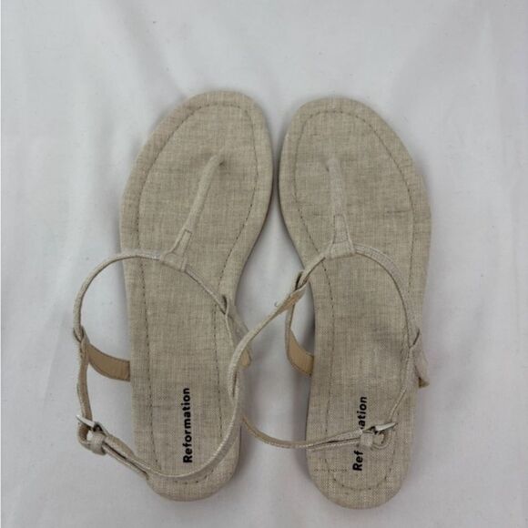 Reformation Cream Linen Thea T-Strap Women's Sandals - Picture 3 of 10